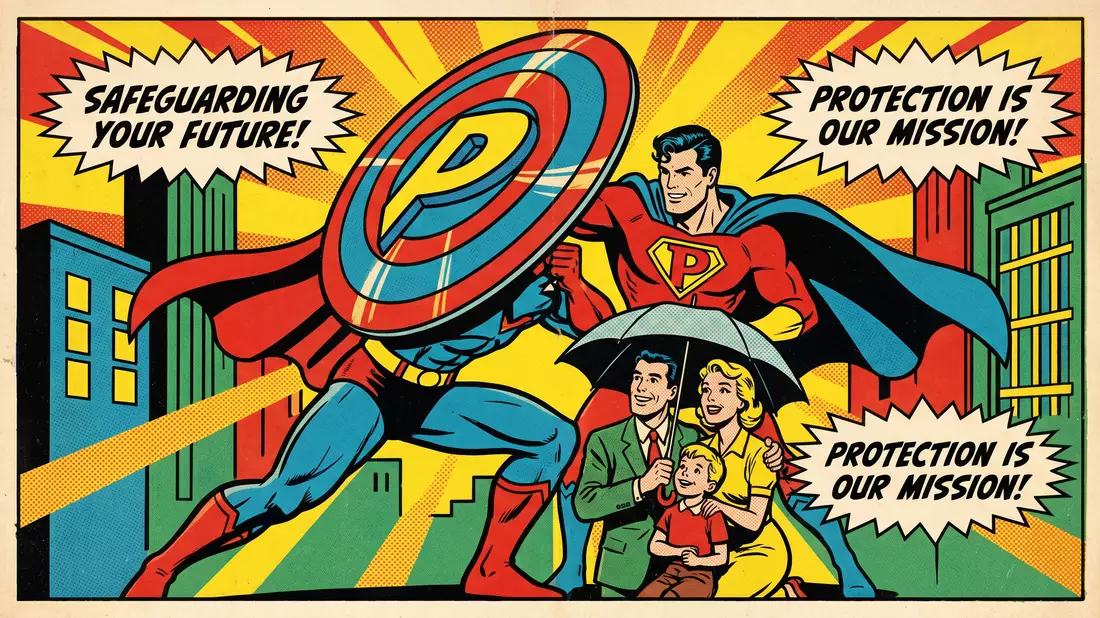 Pop-Art-Comic: Superheld schützt Familie mit Schild als Versicherungssymbol