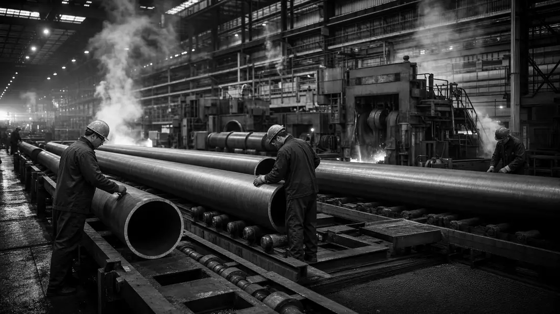 Schwarzweiß-Reportagefoto einer Stahlrohrfabrik mit Arbeitern und Maschinen