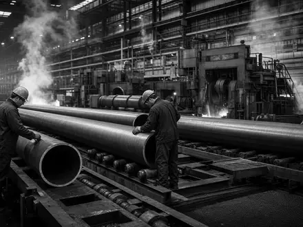 Vallourec S.A. (FR0000125684) zeigt dokumentarisch in Schwarzweiß die harte Stahlrohrproduktion samt engagierten Industriearbeitern vor Ort - Foto: THN