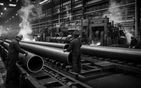 Vallourec S.A. (FR0000125684) zeigt dokumentarisch in Schwarzweiß die harte Stahlrohrproduktion samt engagierten Industriearbeitern vor Ort - Foto: THN