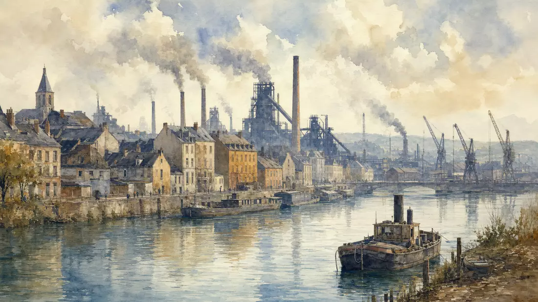 Aquarellmalerei einer französischen Industriestadt mit Fabrikschornsteinen am Flussufer