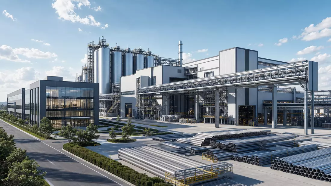 Architektonisches 3D-Rendering einer modernen Industrieanlage für Stahlrohrfertigung