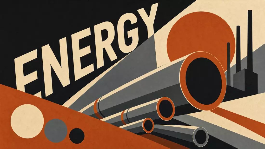 Geometrisches Bauhaus-Poster mit Kreisen, Rohren und dem Wort ENERGY