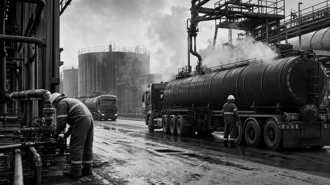 Schwarzweiß-Reportagefoto von Arbeitern an dampfender Bitumen-Verladeanlage mit Tanklastwagen