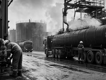 Historische Schwarzweiß-Reportage zeigt Rubis SCA (ISIN FR0000060618) Arbeiter an dampfender Bitumen-Verladeanlage im Industriegelände - Foto: THN