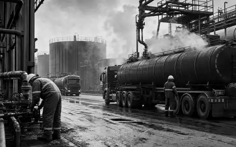 Historische Schwarzweiß-Reportage zeigt Rubis SCA (ISIN FR0000060618) Arbeiter an dampfender Bitumen-Verladeanlage im Industriegelände - Foto: THN