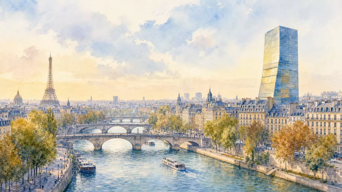 Aquarellmalerei der Pariser Skyline mit modernem Glasturm entlang der Seine