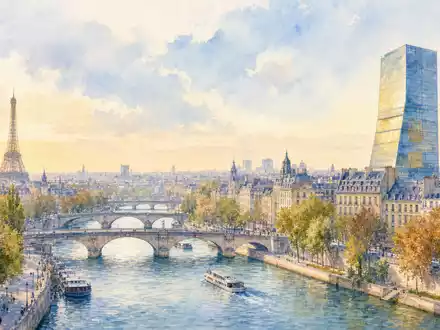 Aquarell-Ansicht von Paris symbolisiert Firmensitz von Rubis SCA (ISIN FR0000060618) mit gläsernem Büroturm - Foto: THN
