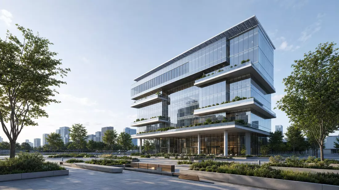 3D-Architekturrender eines modernen Glasbürogebäudes mit begrünten Terrassen