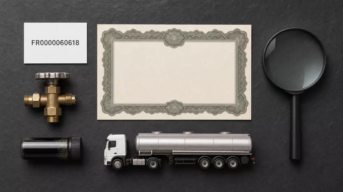 Flatlay mit Aktienzertifikat, ISIN-Karte, Gasventil, Bitumenprobe und Modell-Tanklastwagen
