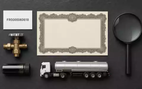 Flatlay mit ISIN-Karte FR0000060618 symbolisiert Rubis SCA Aktie neben Zertifikat, Ventil und Bitumenprobe - Foto: THN