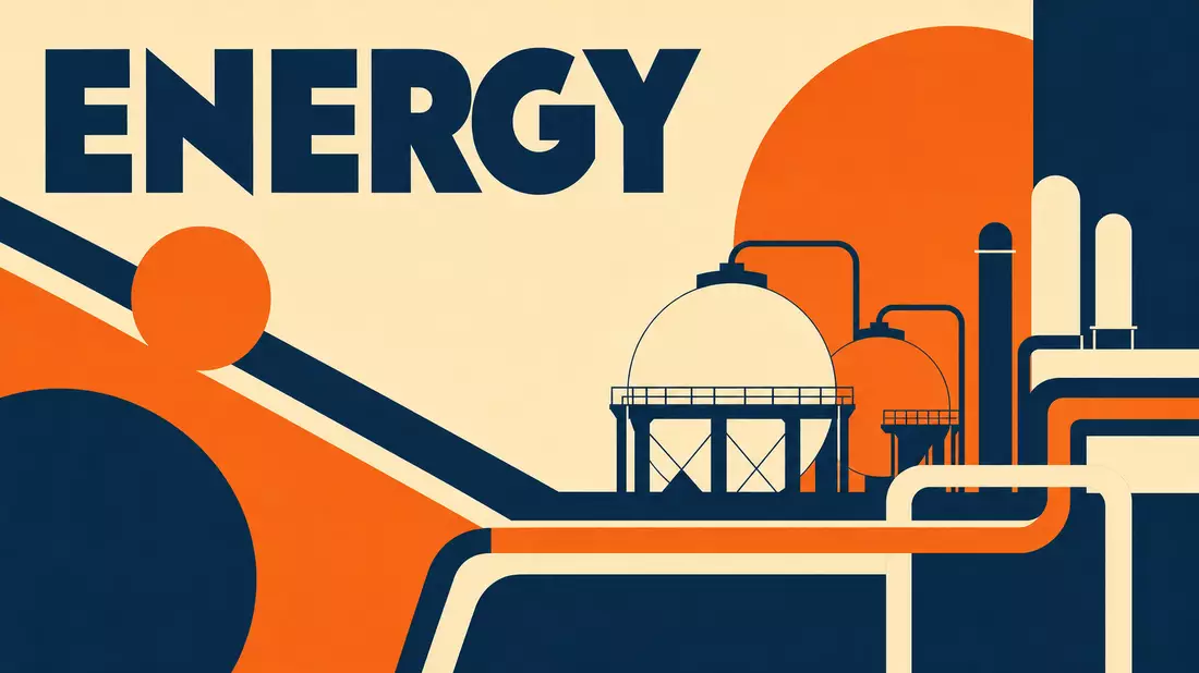 Geometrisches Bauhaus-Poster mit Energie-Schriftzug und abstrakten Gastanks
