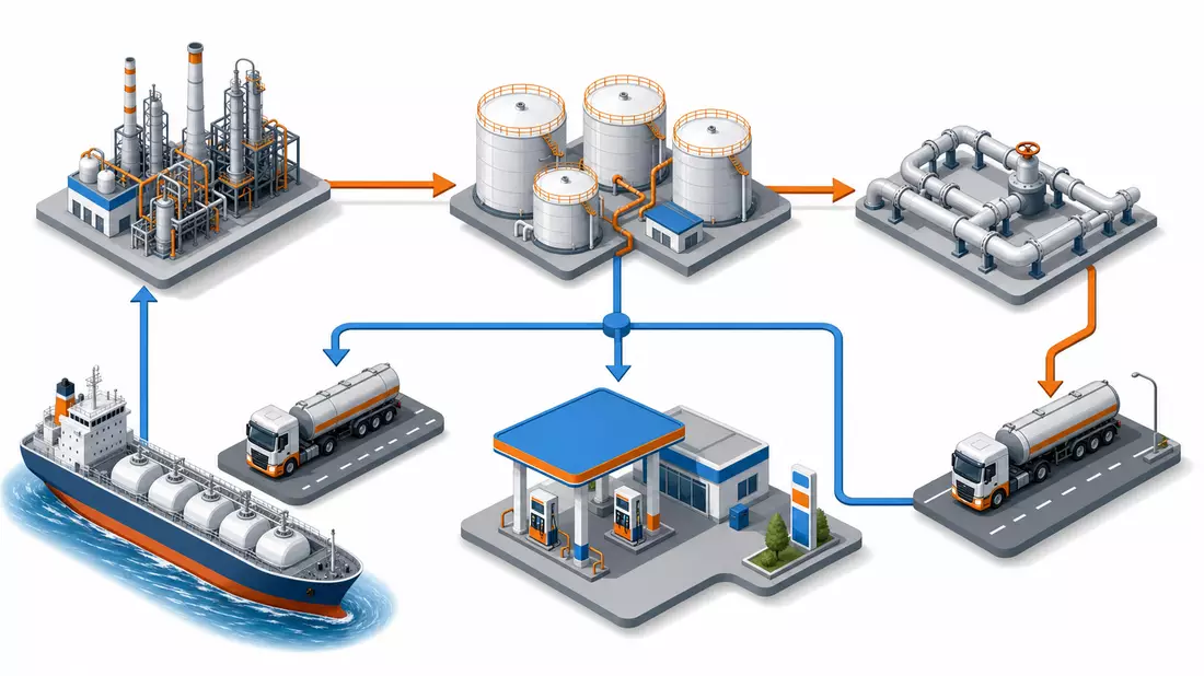 Isometrische 3D-Illustration der Energie-Wertschöpfungskette von Raffinerie bis Tankstelle
