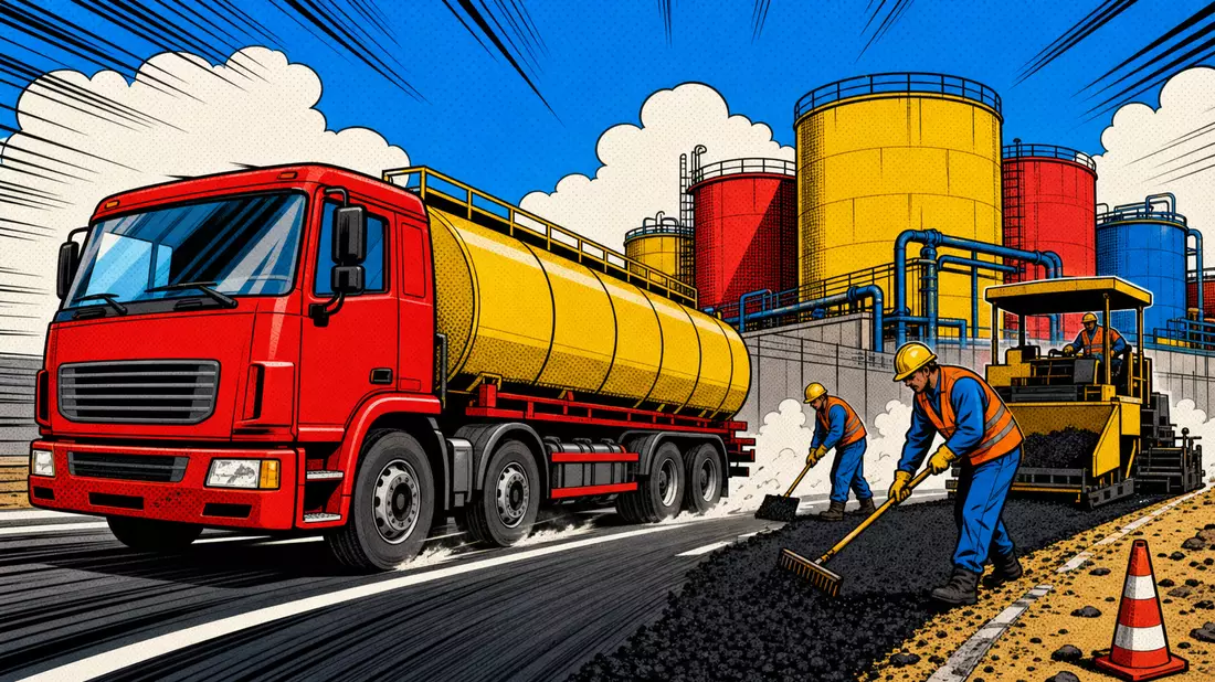 Pop-Art-Comic-Illustration eines Tankwagens neben einer Straßenbau-Szene mit Bitumen