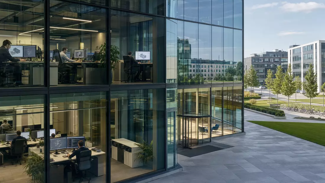 Glasfassade eines modernen Bürogebäudes mit Ingenieuren an Arbeitsplätzen mit CAD-Bildschirmen