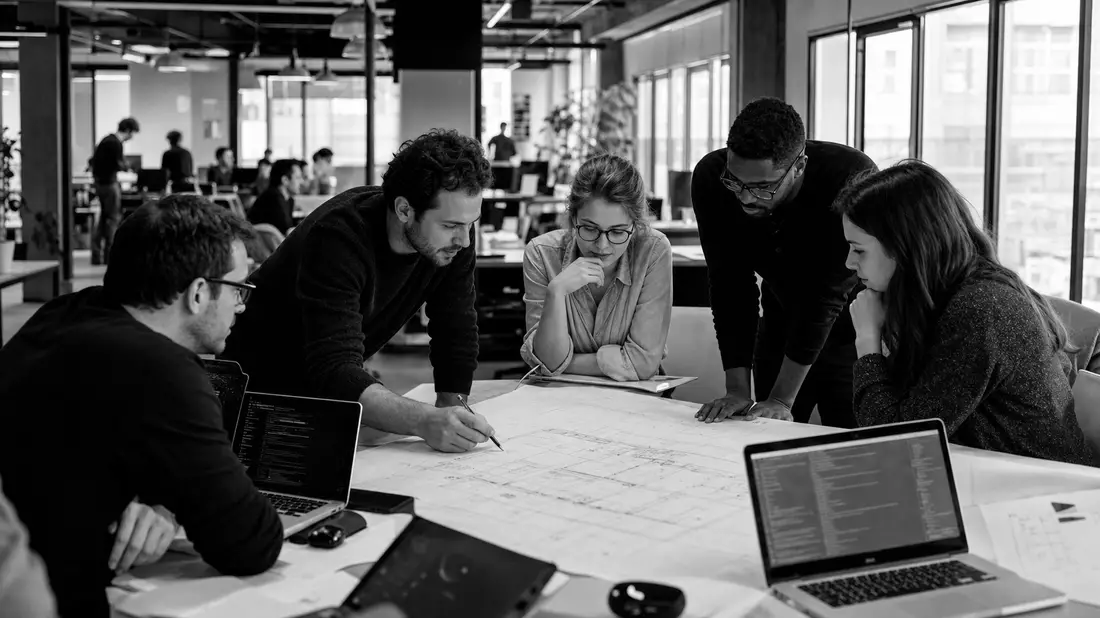 Schwarzweiß-Reportagefoto von Ingenieuren bei der gemeinsamen Arbeit an technischen Zeichnungen