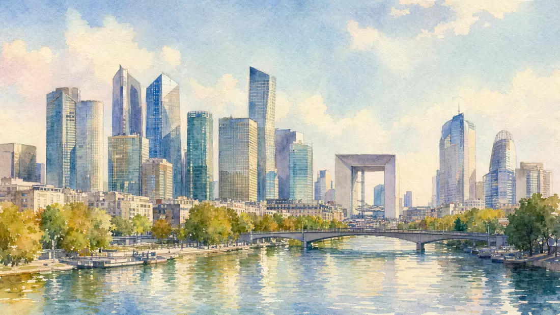 Aquarellmalerei einer modernen Bürotürme-Skyline im Pariser Geschäftsviertel am Fluss