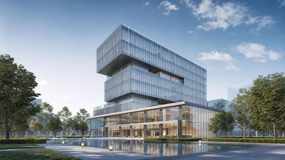 Architektur-Render eines modernen Glas- und Stahl-Bürohochhauses mit Wasserbecken im Vordergrund