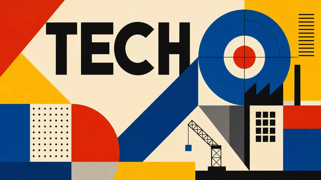 Geometrisches Bauhaus-Poster in Rot Blau Gelb mit großem Schriftzug TECH und Kranmotiv