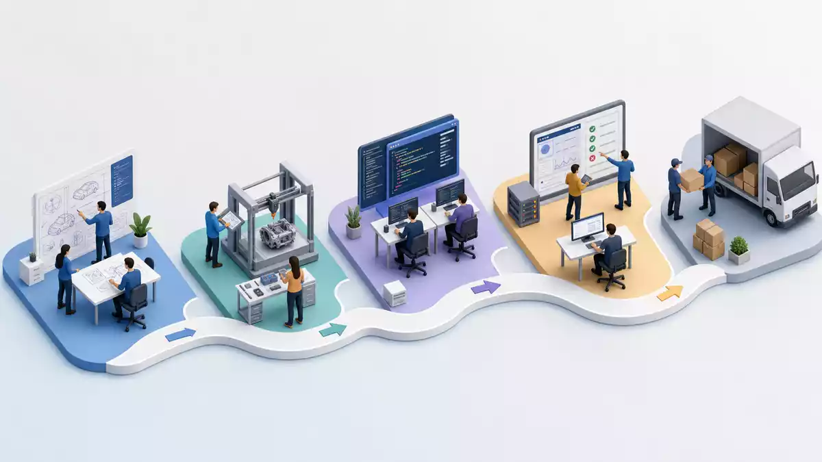 Isometrische 3D-Illustration einer Engineering-Wertschöpfungskette von Design bis Lieferung