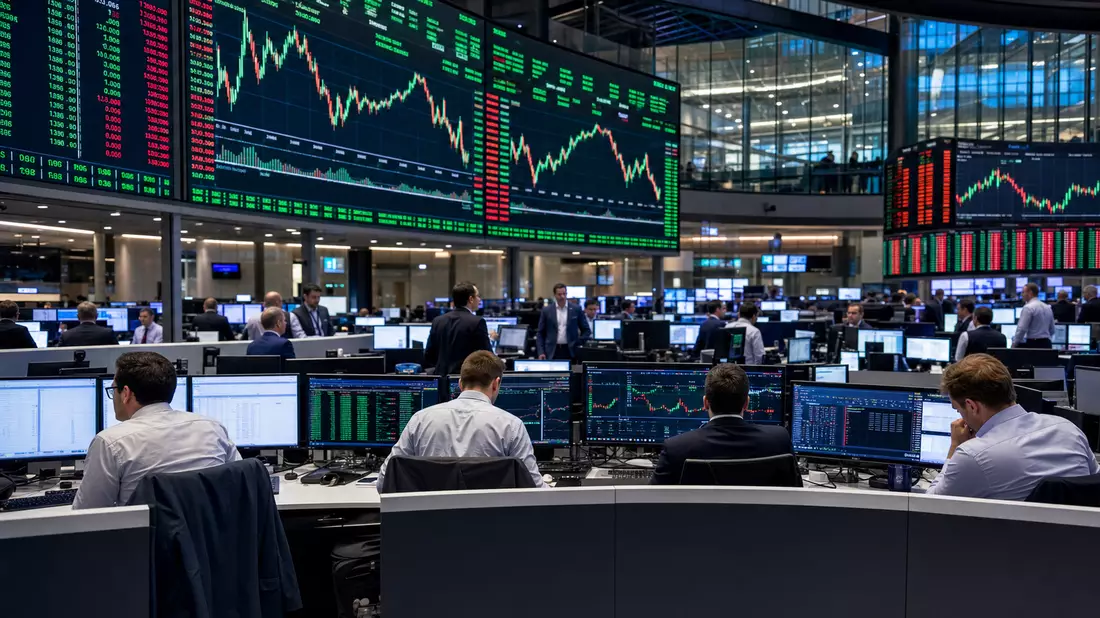 Börsen-Trading-Floor mit großen Bildschirmen und Technologie-Aktienkursen in Grün und Rot