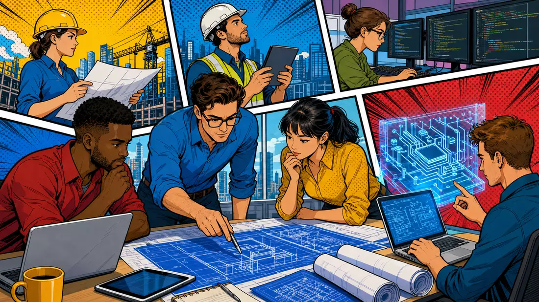 Bunte Pop-Art-Comic-Illustration von Ingenieuren mit Bauplänen und holografischer Schaltkreis-Anzeige