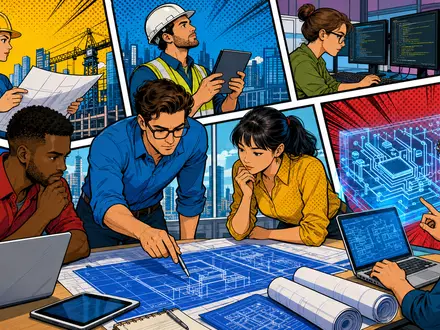Alten SA (FR0000071946) bringt Ingenieure und IT-Berater zusammen, gezeigt in dieser farbenfrohen Pop-Art-Comic-Illustration - Foto: THN