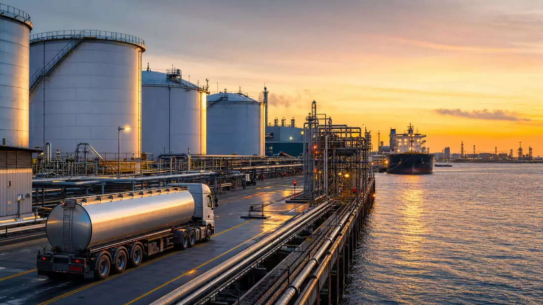 Fotorealistisches Öllogistik-Terminal mit Tanks und Tanklaster in Abenddämmerung