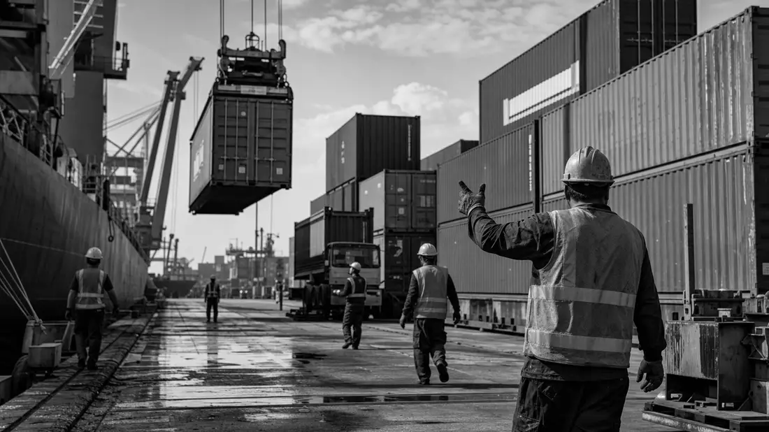 Dokumentarische Schwarzweiß-Aufnahme von Hafenarbeitern und Containern am Terminal