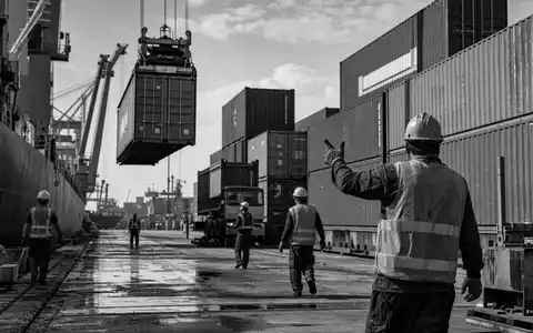 Schwarzweiß-Reportage vom Hafenterminal zeigt Bolloré SE FR0000039299 als traditionsreichen Mischkonzern der Logistik- und Medienbranche - Foto: THN