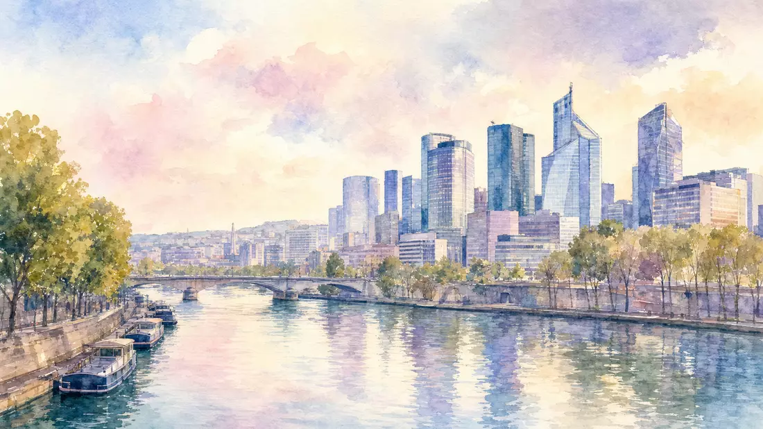 Aquarellbild der Pariser Bürotürme entlang der Seine in Pastellfarben