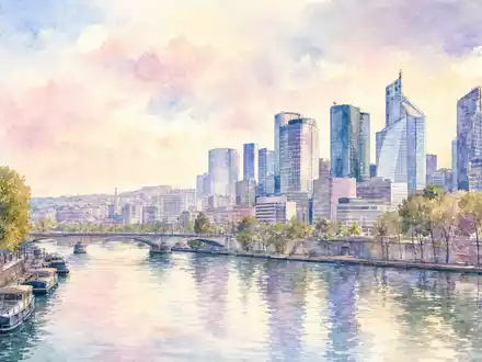 Aquarellmalerei der Pariser Skyline repräsentiert den Firmensitz von Bolloré SE FR0000039299 als französischer Mischkonzern - Foto: THN
