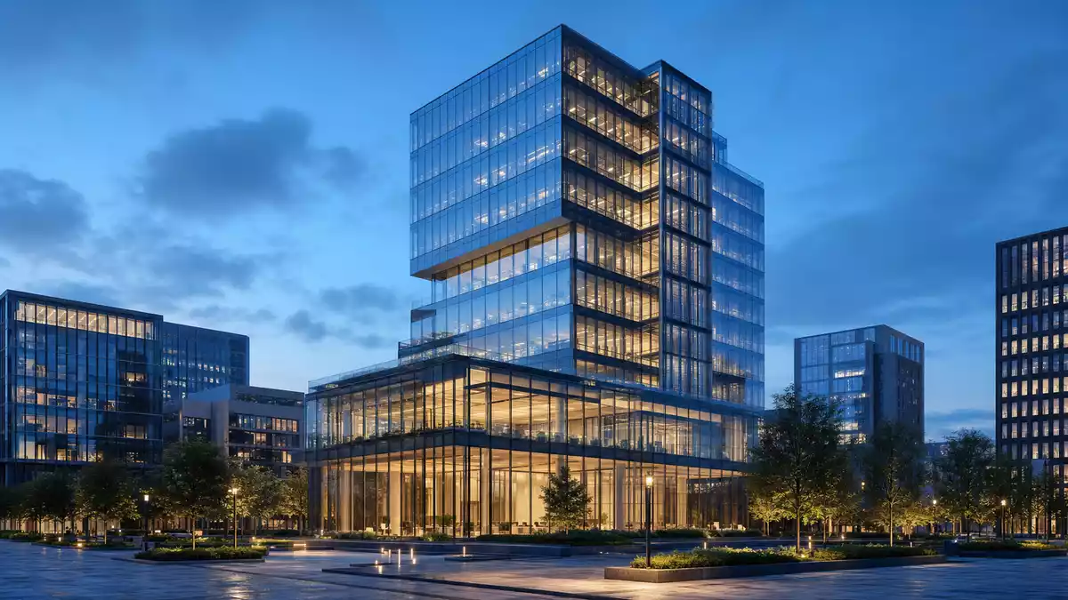 Architektonisches 3D-Rendering eines modernen Glas-Firmenhauptsitzes in der Dämmerung