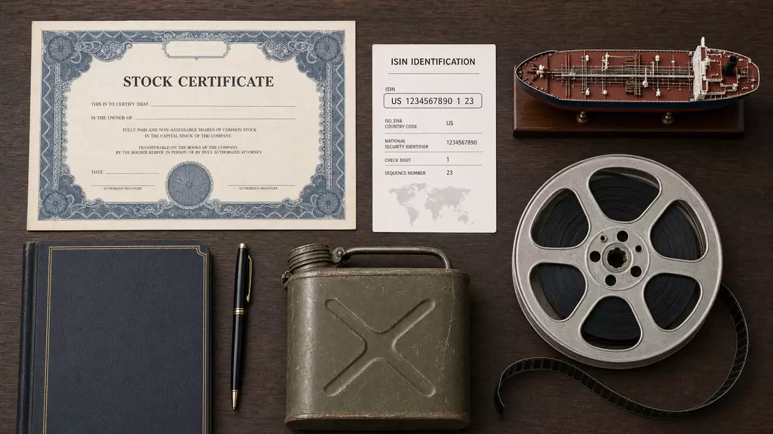 Flatlay-Anordnung von Aktienzertifikat, ISIN-Karte, Schiffsmodell und Filmrolle