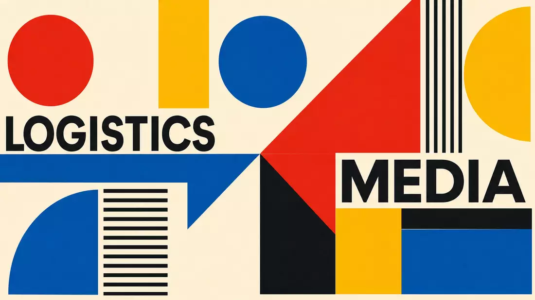 Geometrisches Bauhaus-Poster mit Formen und den Begriffen Logistics und Media