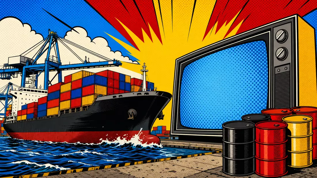 Pop-Art-Comic-Illustration eines Frachtschiffs neben einem großen Fernsehbildschirm