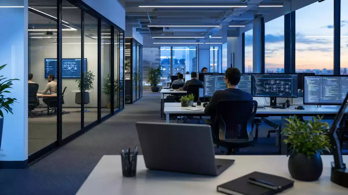Modernes IT-Büro mit Entwicklern an mehreren Bildschirmen bei Softwarearbeit