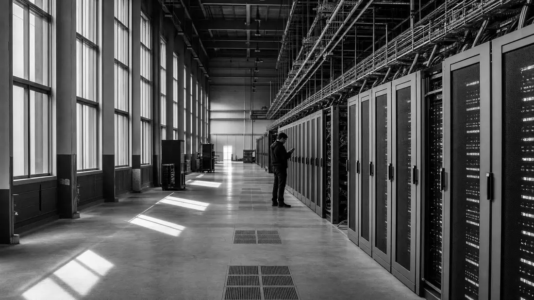 Schwarzweiß-Aufnahme eines Technikers in einem großen Rechenzentrum mit Serverreihen