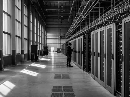 Sopra Steria Group FR0000050809 dokumentiert ein Rechenzentrum mit Servertechniker in dokumentarischer Schwarzweiß-Reportage-Aufnahme des Standorts - Foto: THN