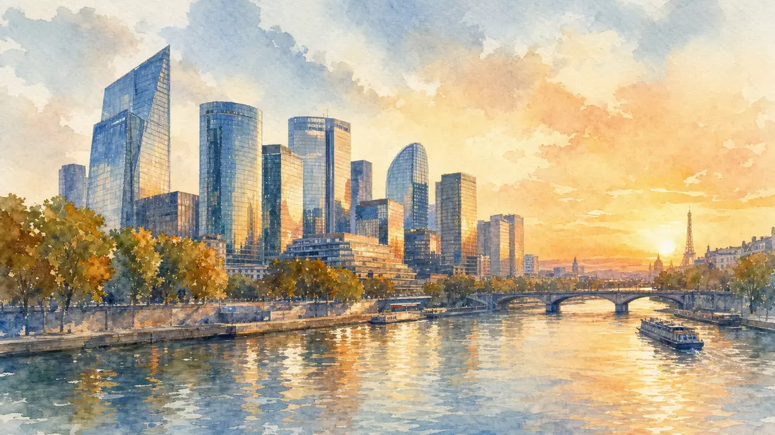 Aquarellmalerei einer Pariser Skyline mit Bürotürmen entlang der Seine bei Sonnenuntergang