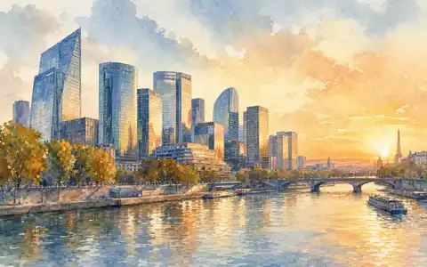Sopra Steria Group FR0000050809 illustriert Pariser Bürotürme am Fluss in stimmungsvoller Aquarell-Optik bei Sonnenuntergang - Foto: THN
