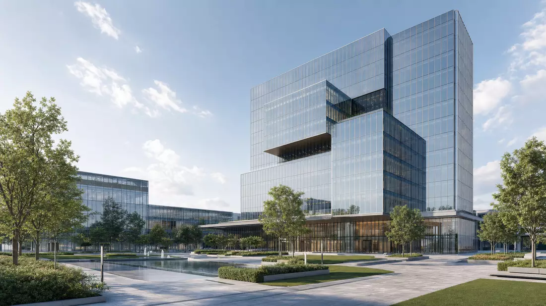 Architektur-Render eines modernen Glas-Bürokomplexes mit begrünter Plaza davor