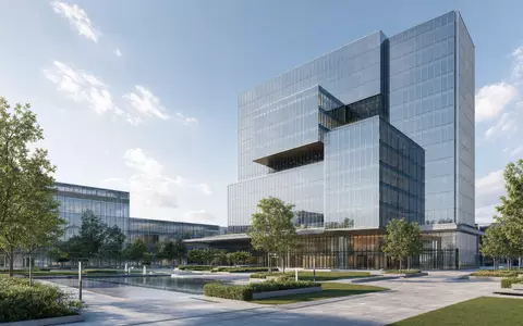 Sopra Steria Group FR0000050809 präsentiert einen modernen Glas-Bürokomplex als präzises Architektur-Render mit Grünflächen davor - Foto: THN