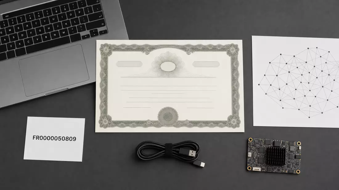 Flatlay mit Aktienzertifikat, ISIN-Karte, Platine und Laptop auf dunklem Untergrund