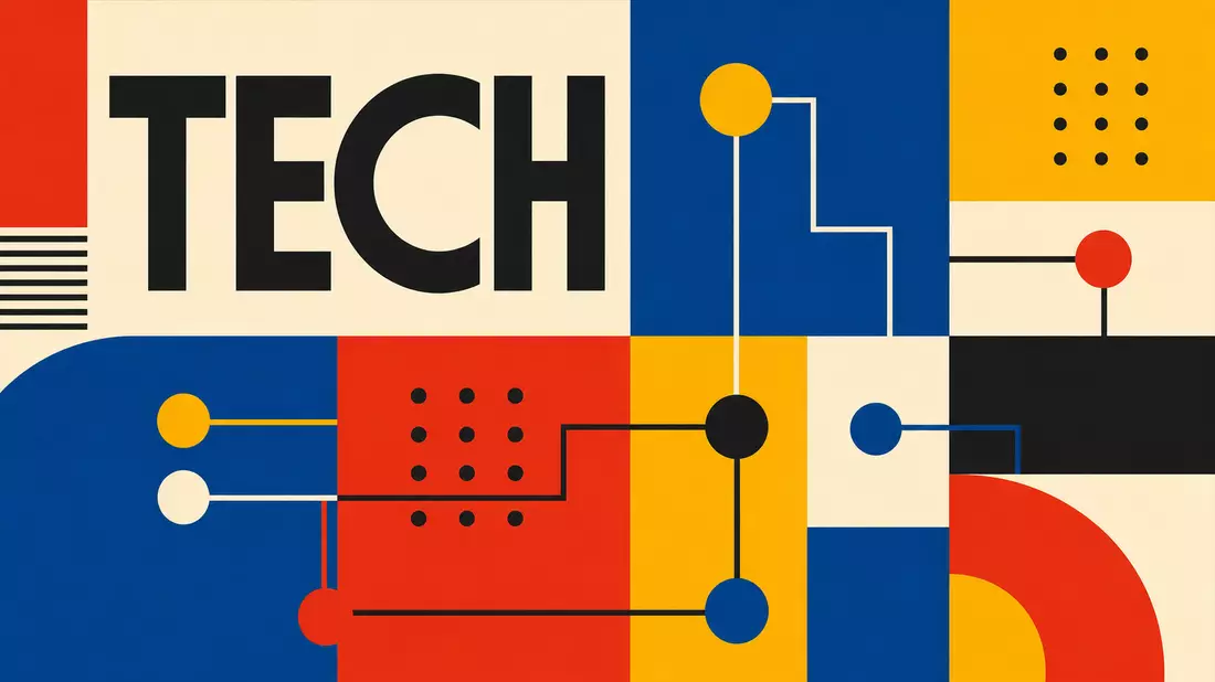 Geometrisches Bauhaus-Poster mit dem Wort TECH und bunten Netzwerkformen