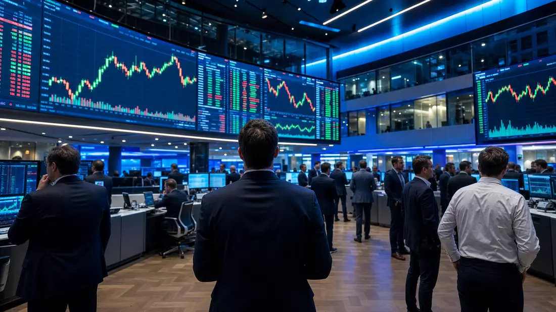 Börsenhändler beobachten große Bildschirme mit Technologie-Aktiencharts im Handelsraum
