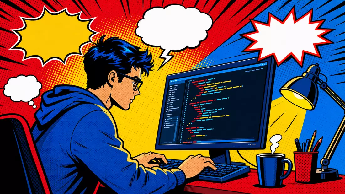 Pop-Art-Comic-Illustration eines Programmierers am Computer mit bunten Sprechblasen