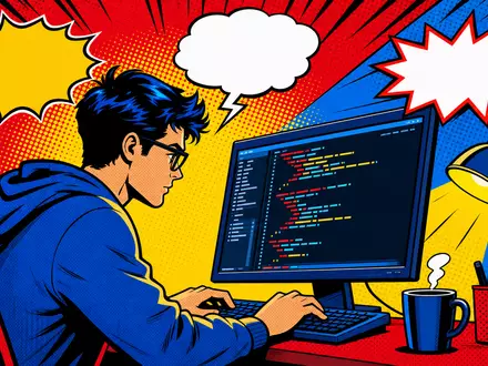 Sopra Steria Group FR0000050809 gestaltet eine farbenfrohe Pop-Art-Comic-Szene mit Programmierer am leuchtenden Computerbildschirm - Foto: THN