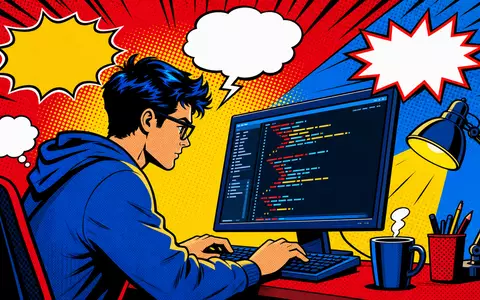 Sopra Steria Group FR0000050809 gestaltet eine farbenfrohe Pop-Art-Comic-Szene mit Programmierer am leuchtenden Computerbildschirm - Foto: THN