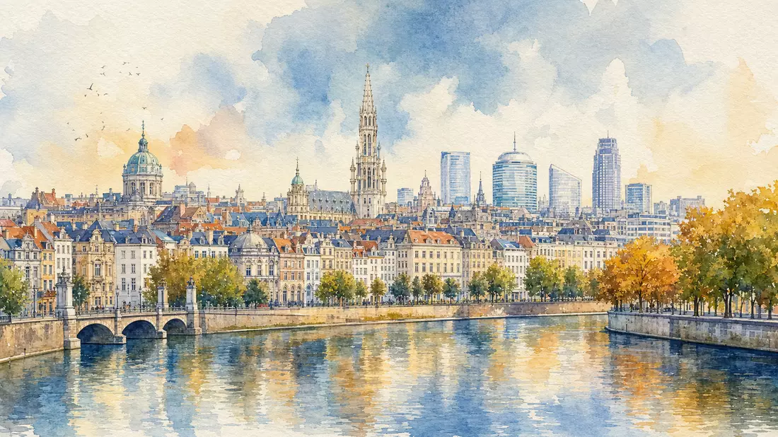 Aquarellbild der Brüsseler Skyline, Symbolbild für Ageas SA/NV, ISIN BE0974264930